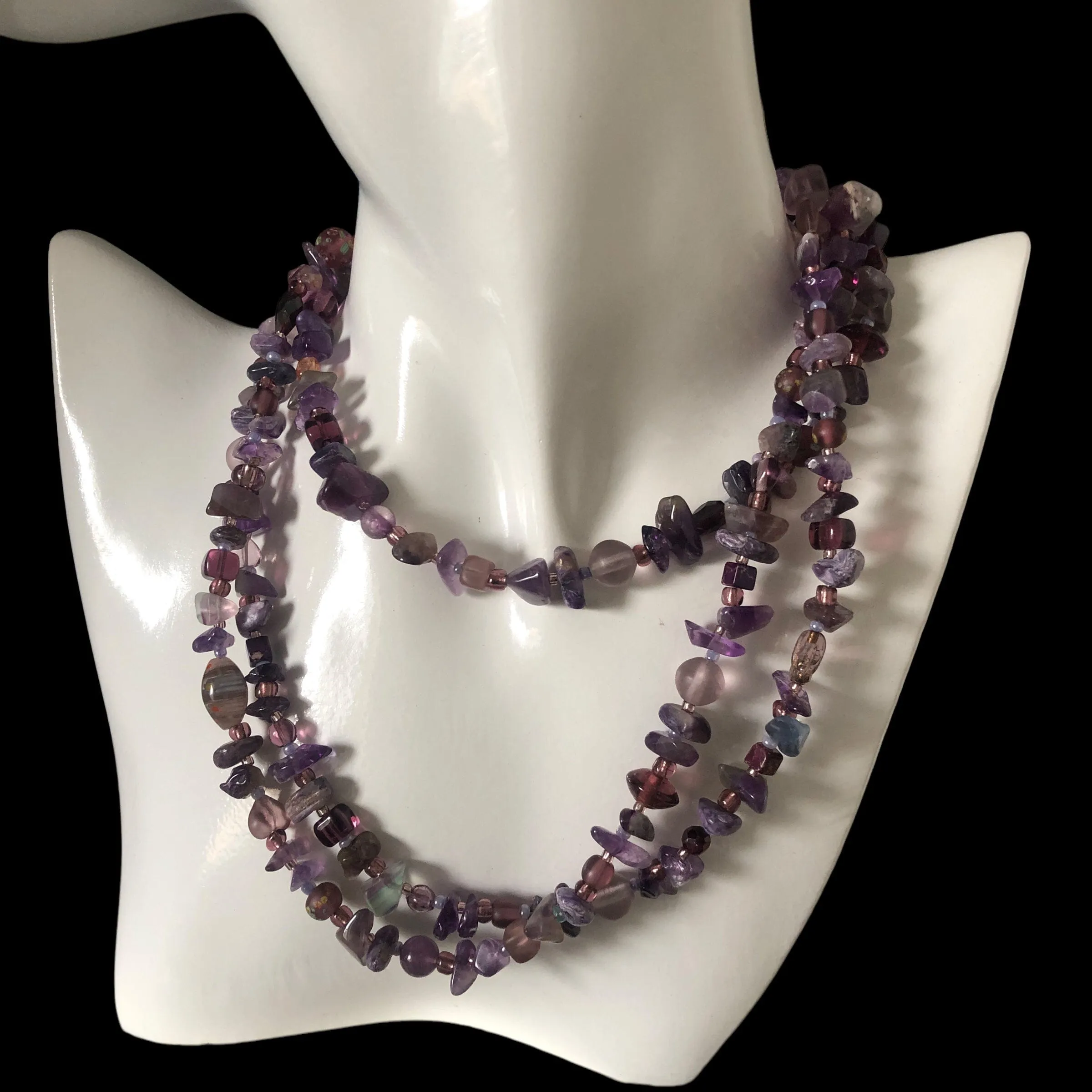 Purple Stones and Glass Beaded Long Necklace