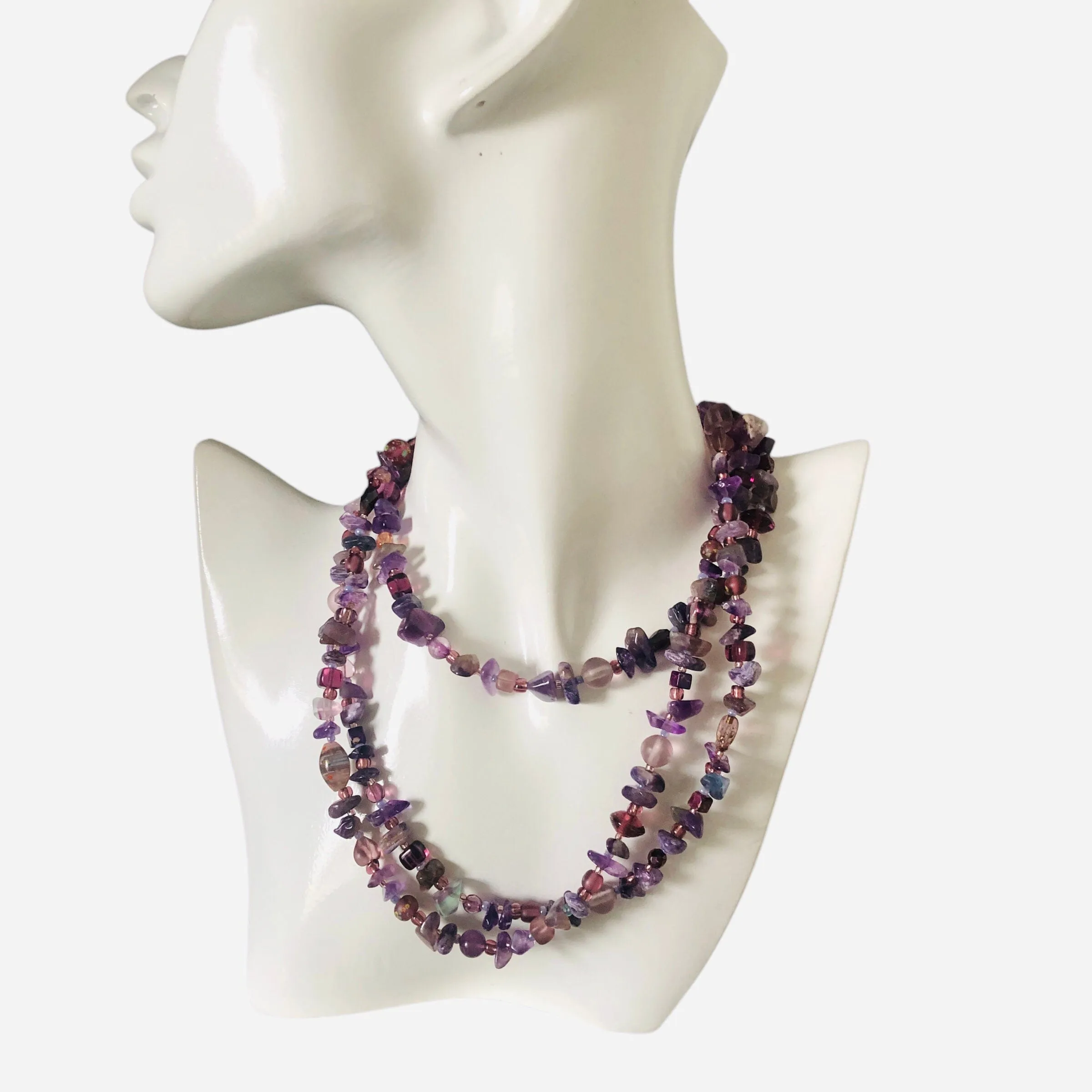 Purple Stones and Glass Beaded Long Necklace