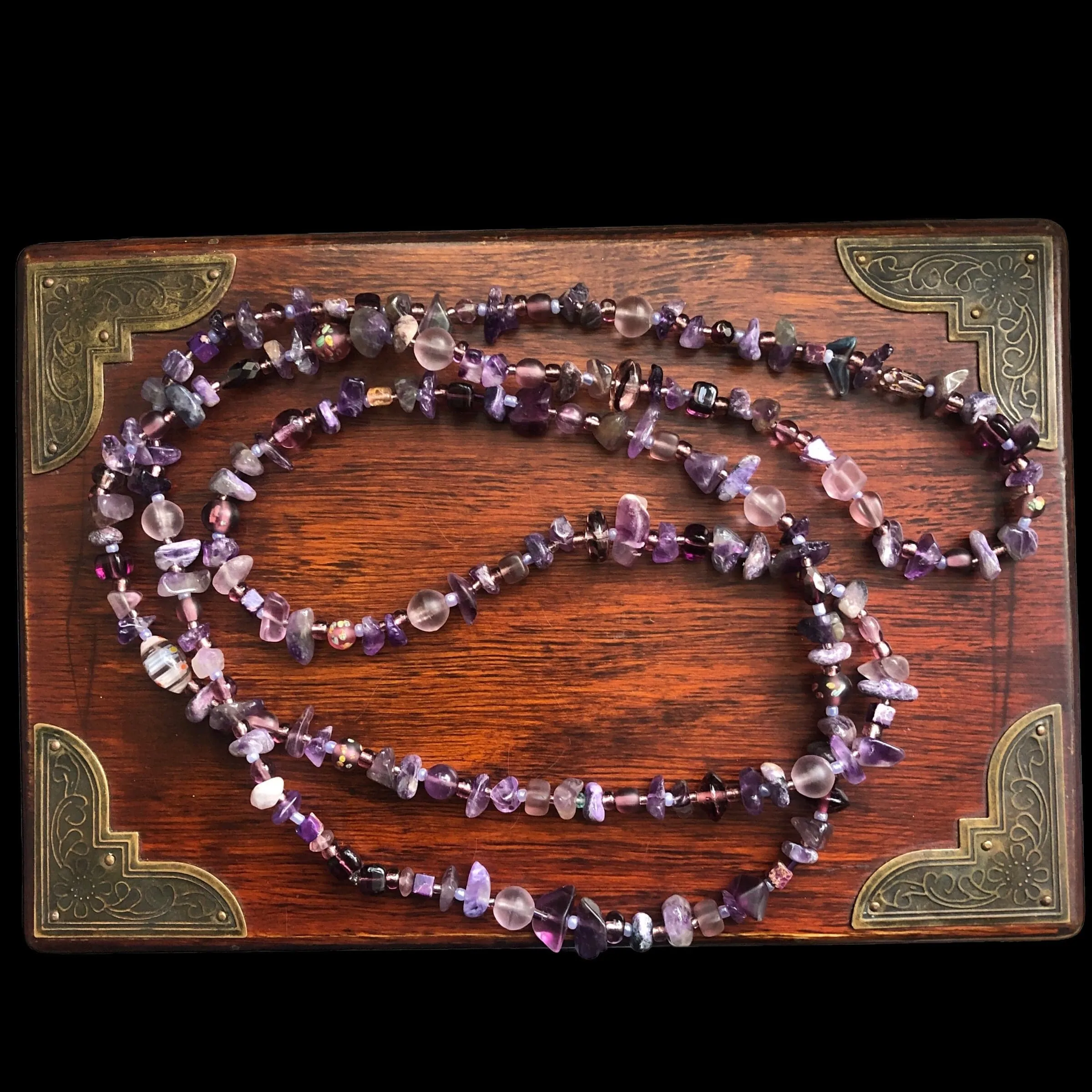 Purple Stones and Glass Beaded Long Necklace