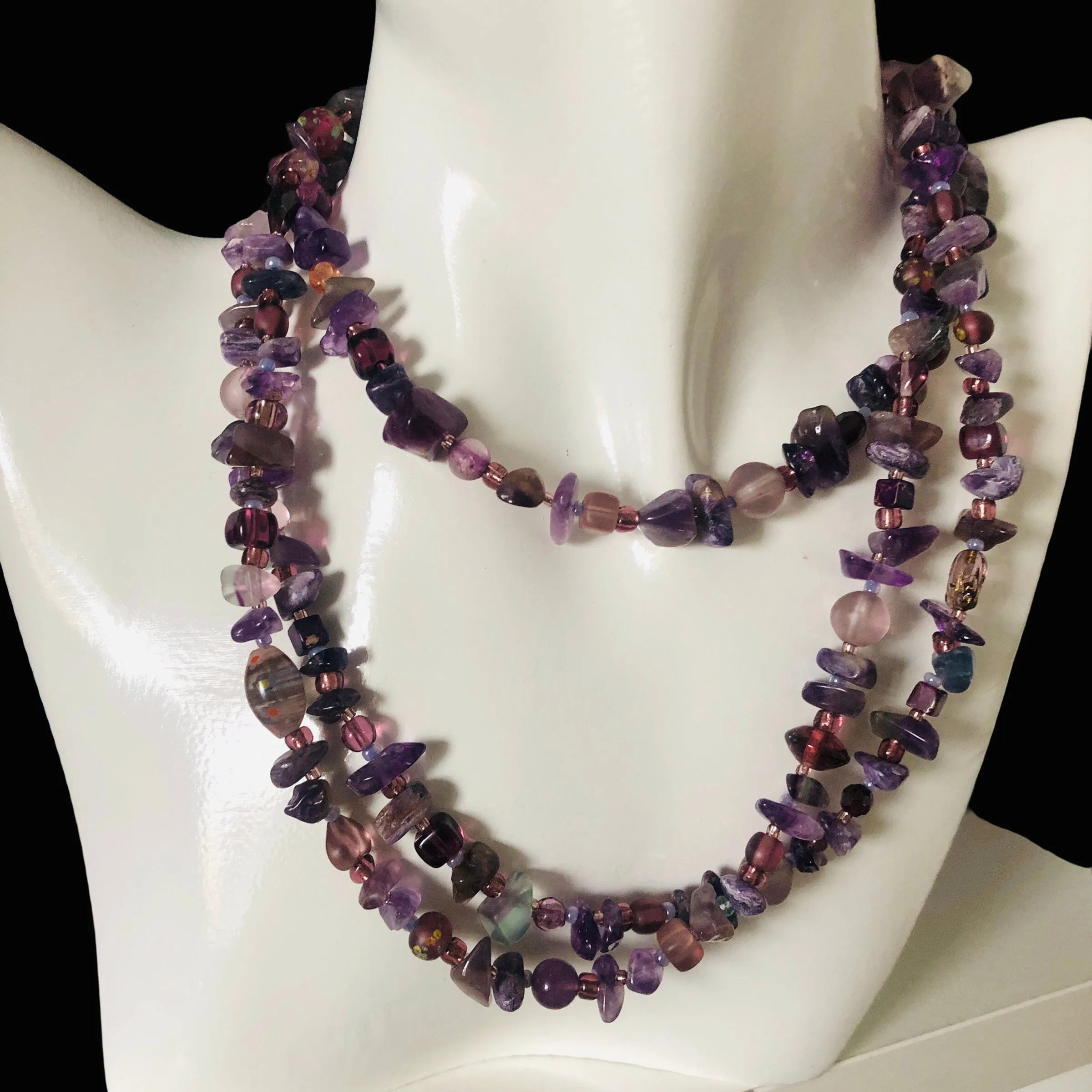 Purple Stones and Glass Beaded Long Necklace