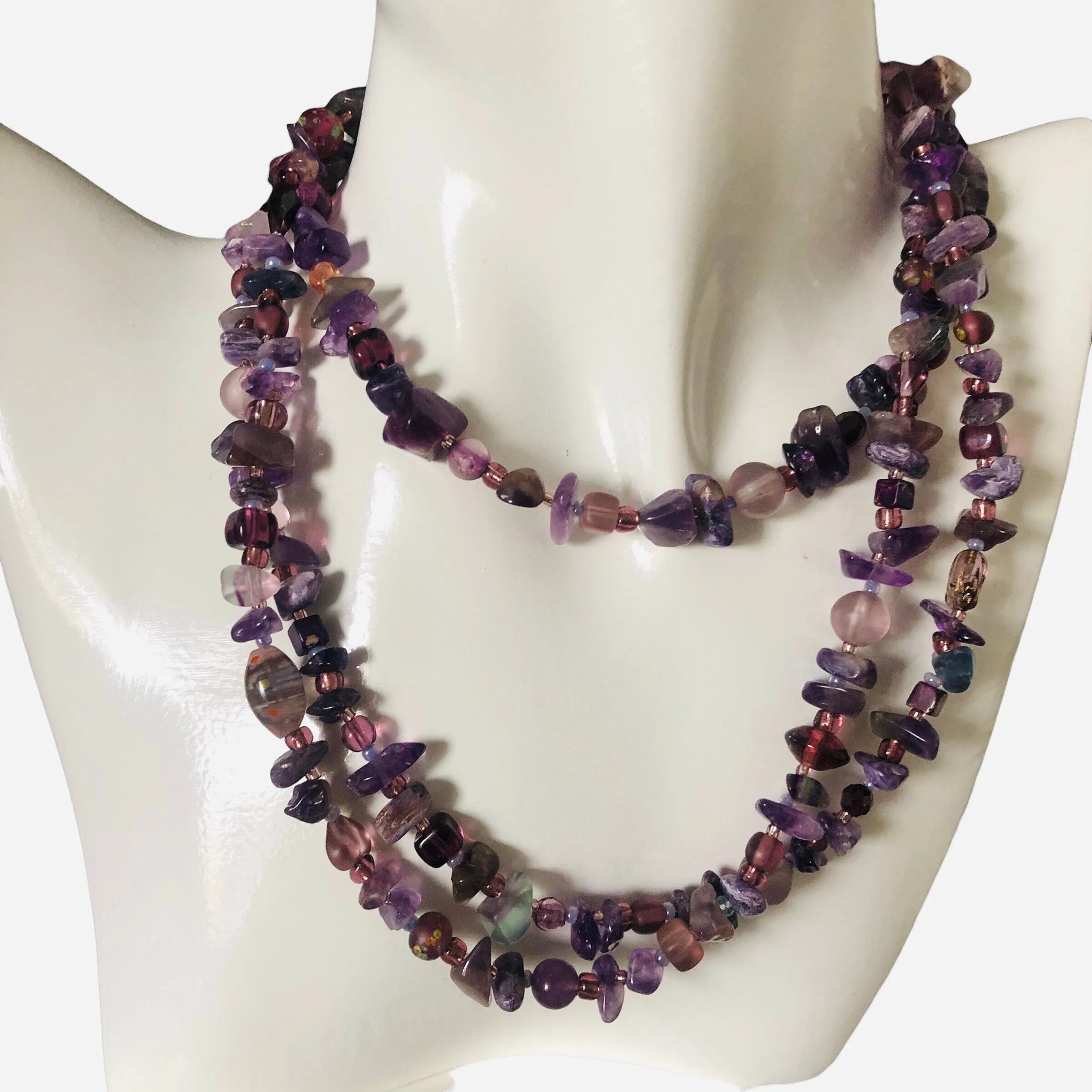 Purple Stones and Glass Beaded Long Necklace