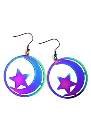 Rainbow Chrome Star & Moon Earrings