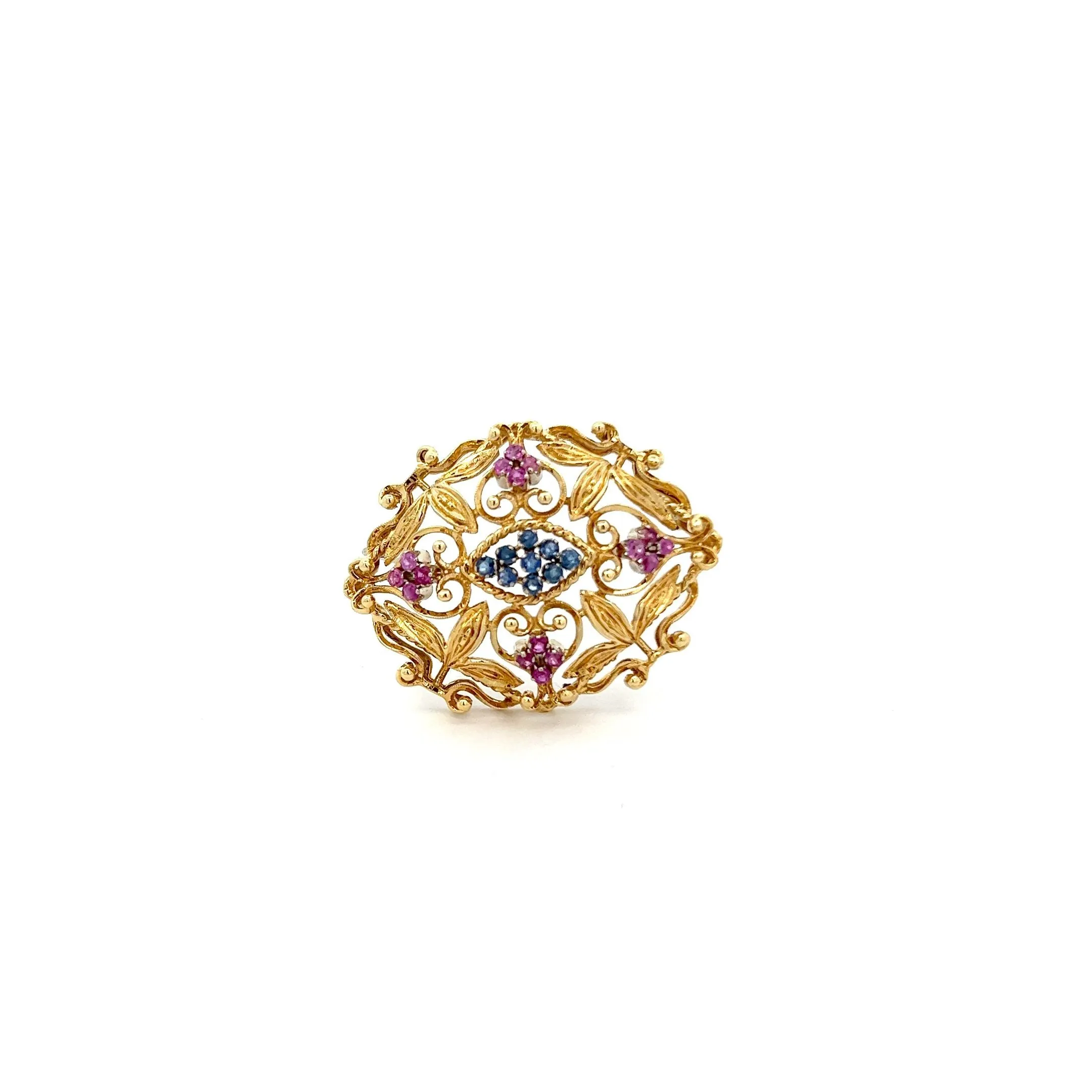 Rare Vintage Sapphire And Ruby Flower Leaf Pin