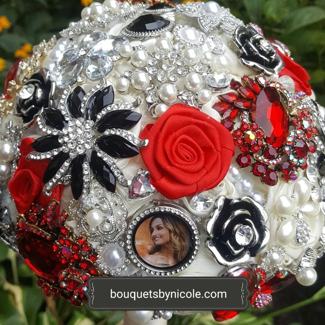 Red Luxury Round Bouquet l  Satin Roses Brooch Bouquet~ BOU-025