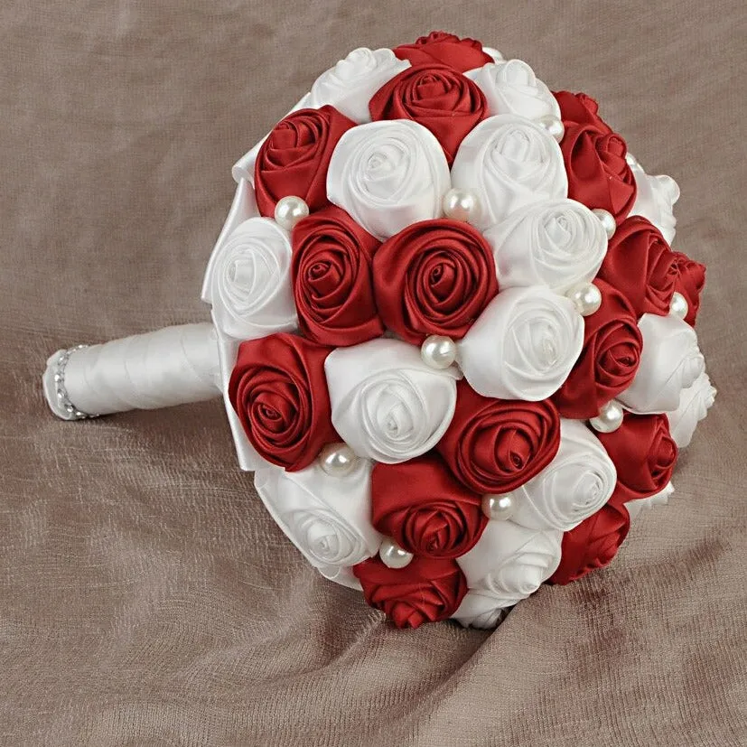 Red Luxury Round Bouquet l  Satin Roses Brooch Bouquet~ BOU-025