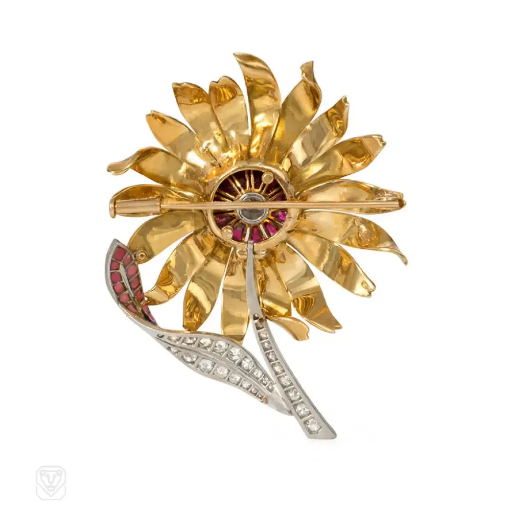 Retro gold, ruby and diamond flower brooch, France