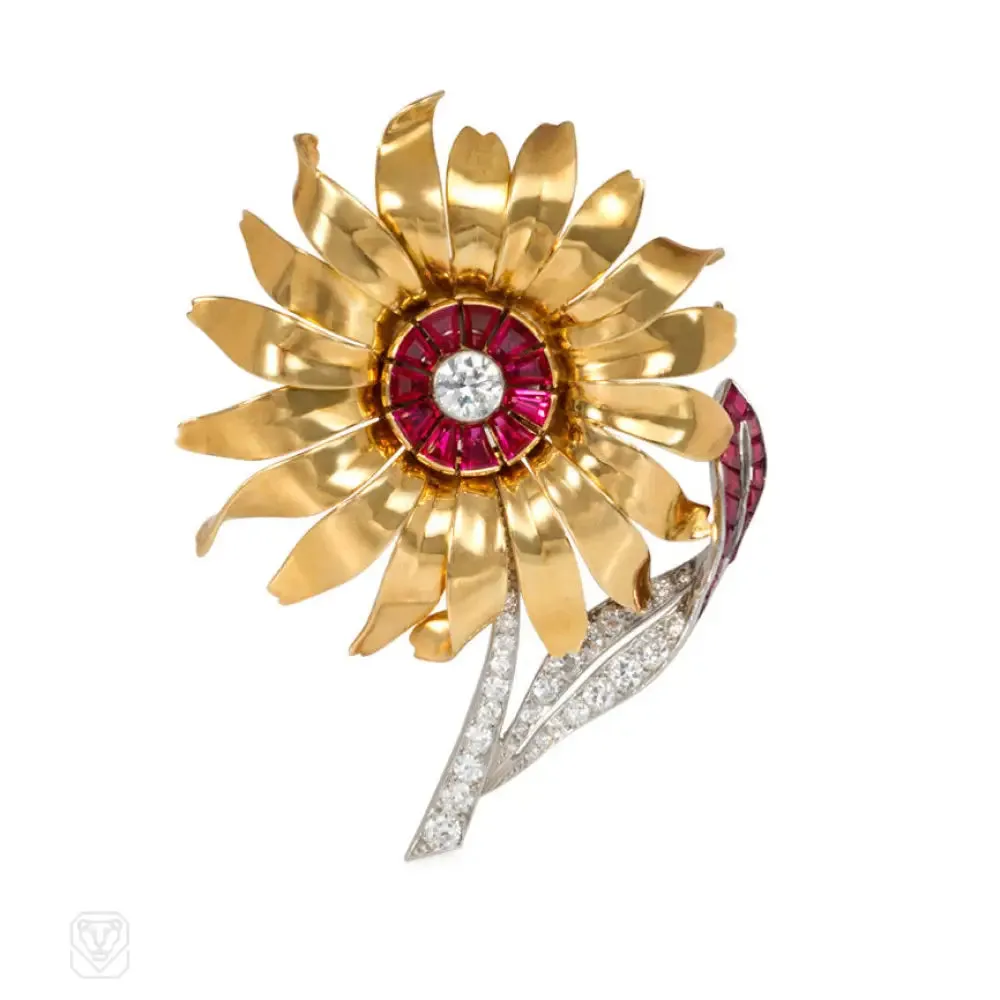 Retro gold, ruby and diamond flower brooch, France