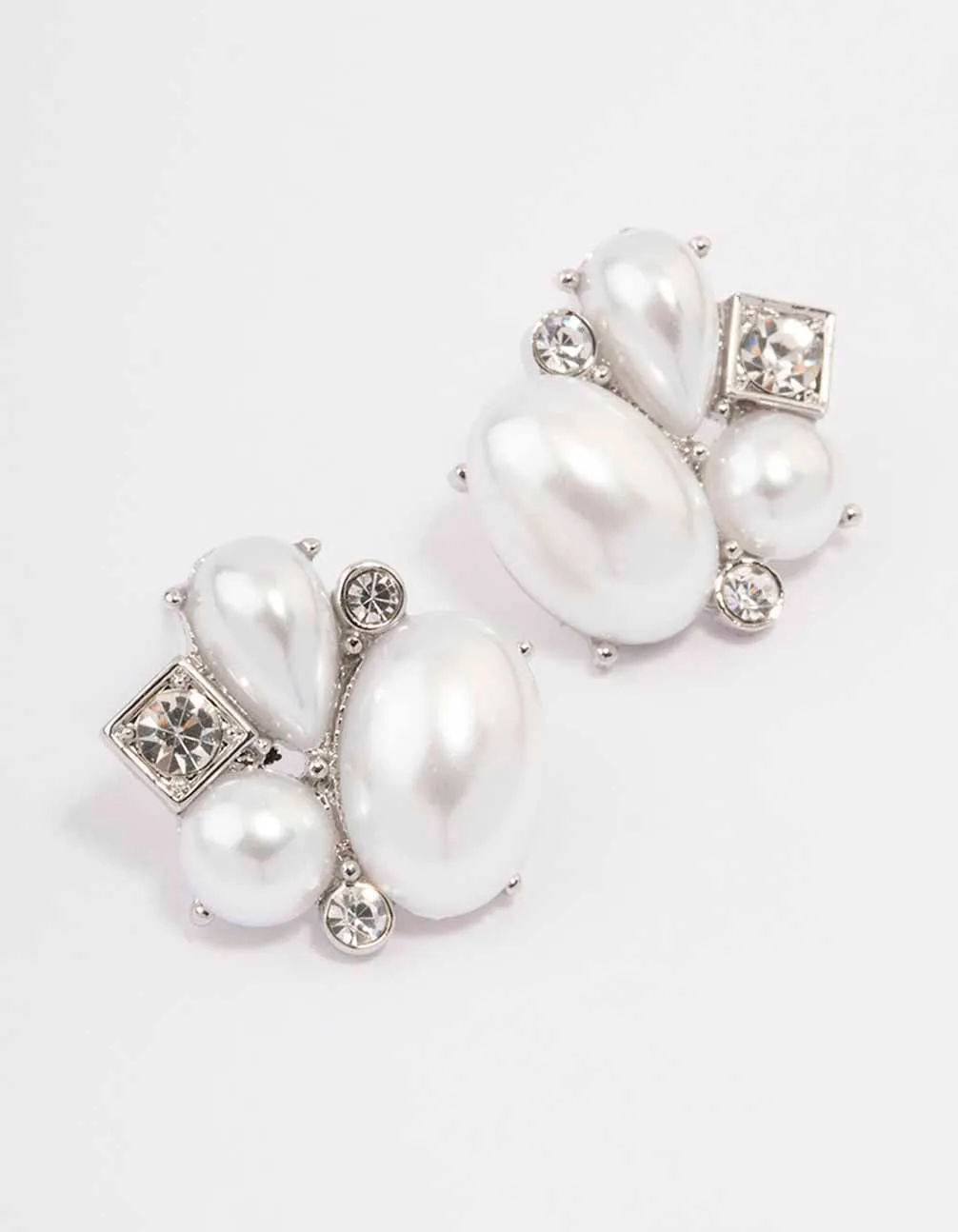 Rhodium Pearl Diamante Marquise Stud Earrings