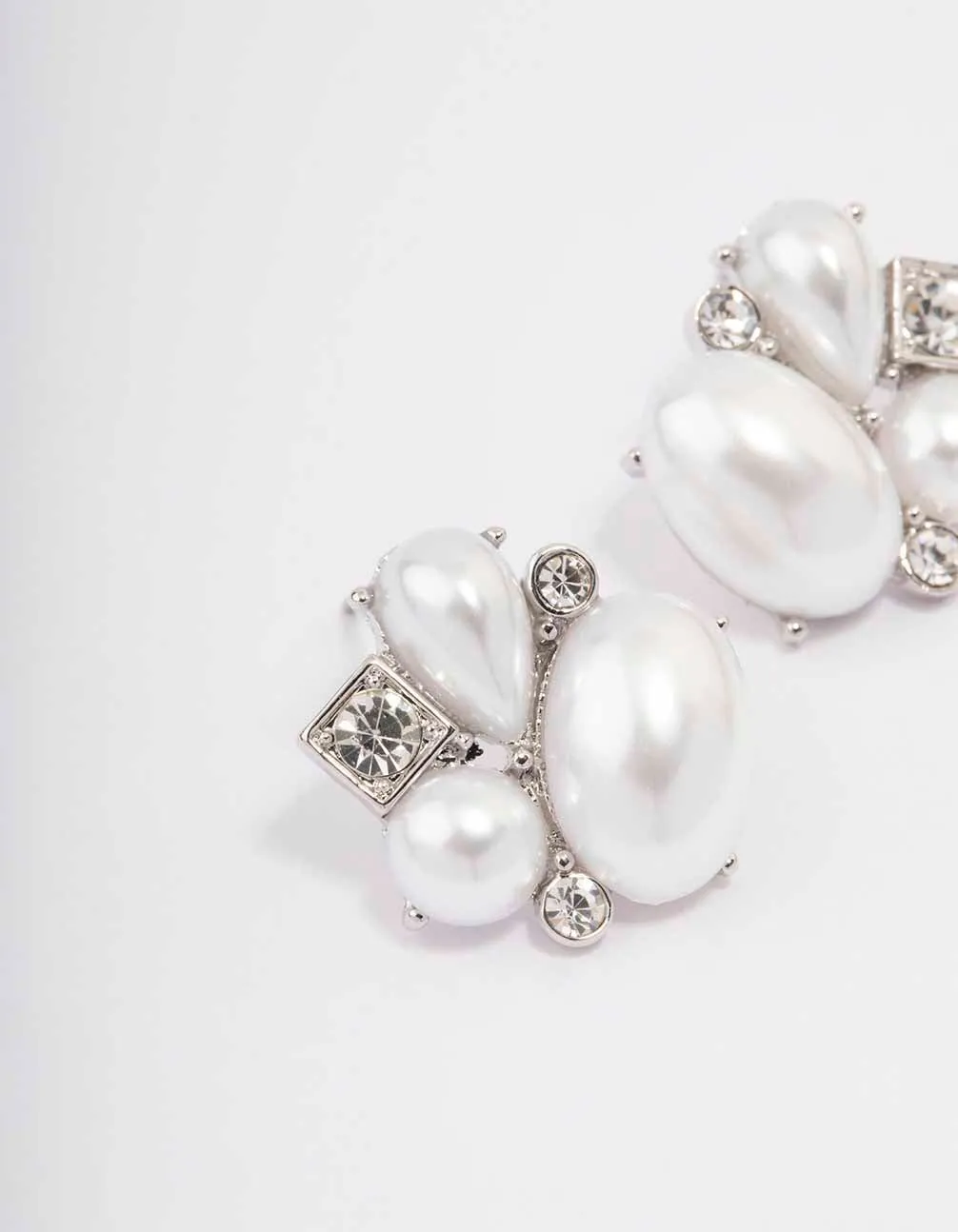 Rhodium Pearl Diamante Marquise Stud Earrings