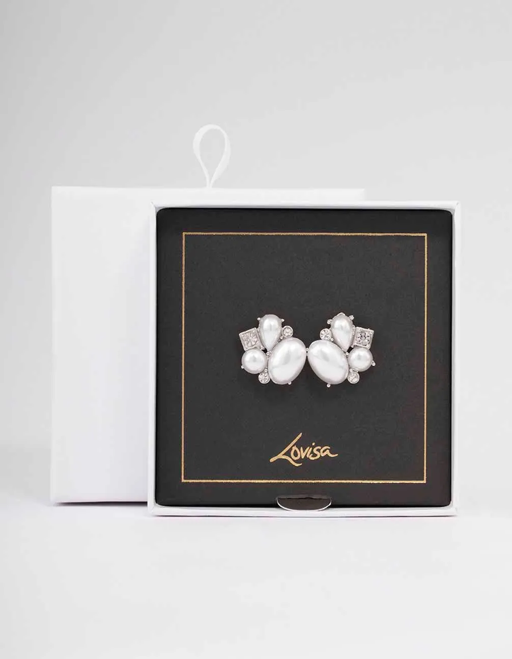 Rhodium Pearl Diamante Marquise Stud Earrings