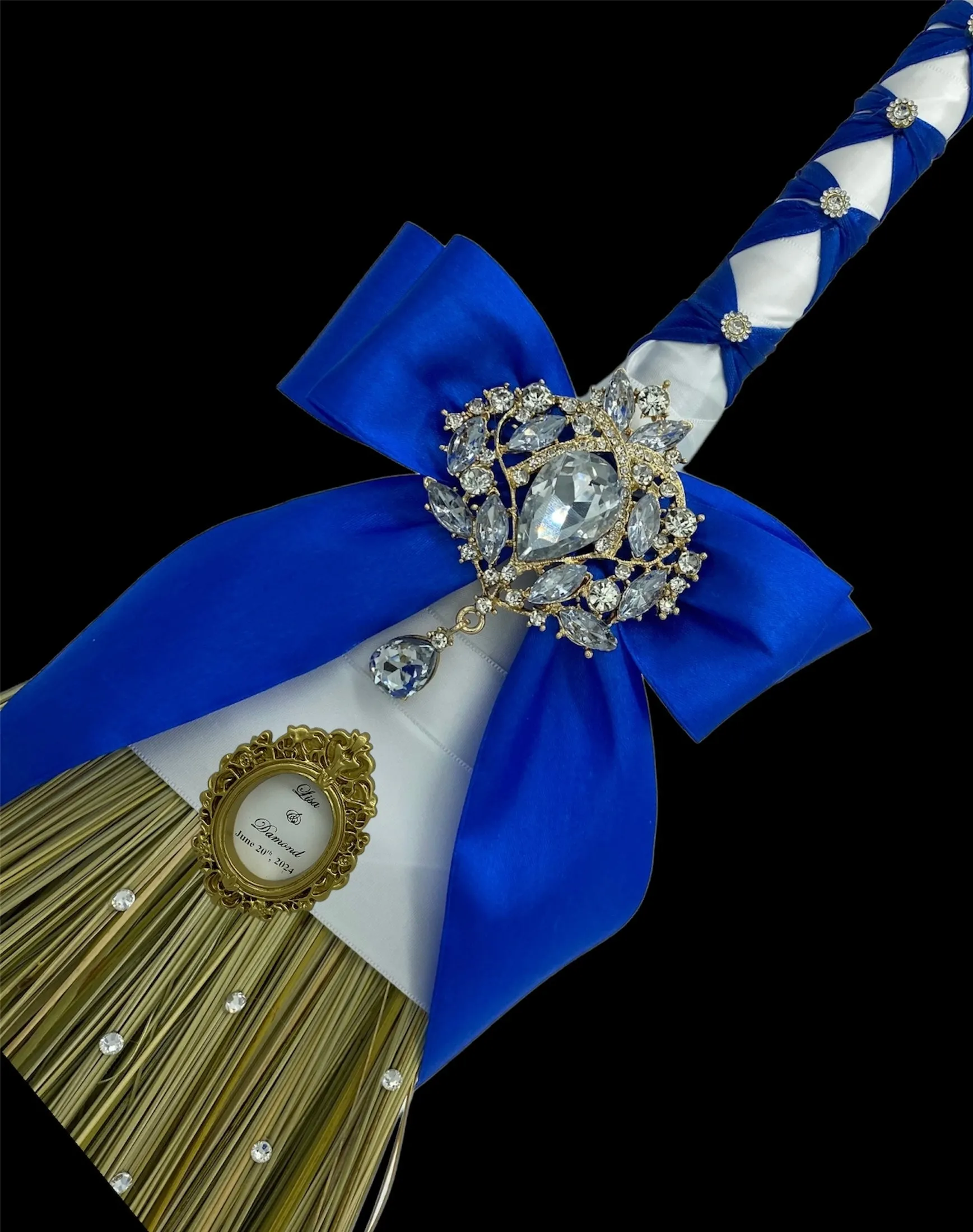 Royal Blue l White Round Bouquet l  Satin Roses Brooch Bouquet~ BOU-007