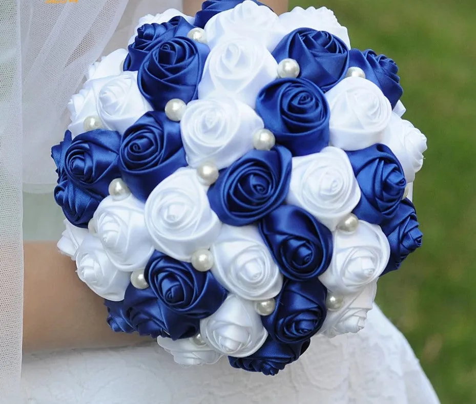 Royal Blue l White Round Bouquet l  Satin Roses Brooch Bouquet~ BOU-007