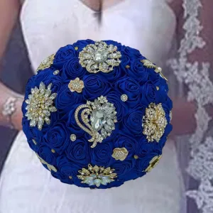 Royal Blue l White Round Bouquet l  Satin Roses Brooch Bouquet~ BOU-007