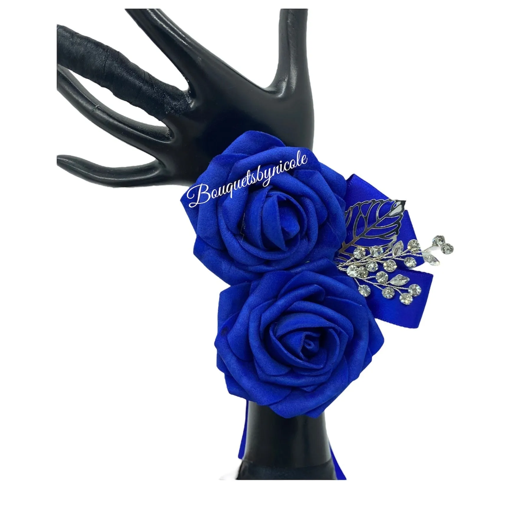 Royal Blue l White Round Bouquet l  Satin Roses Brooch Bouquet~ BOU-007