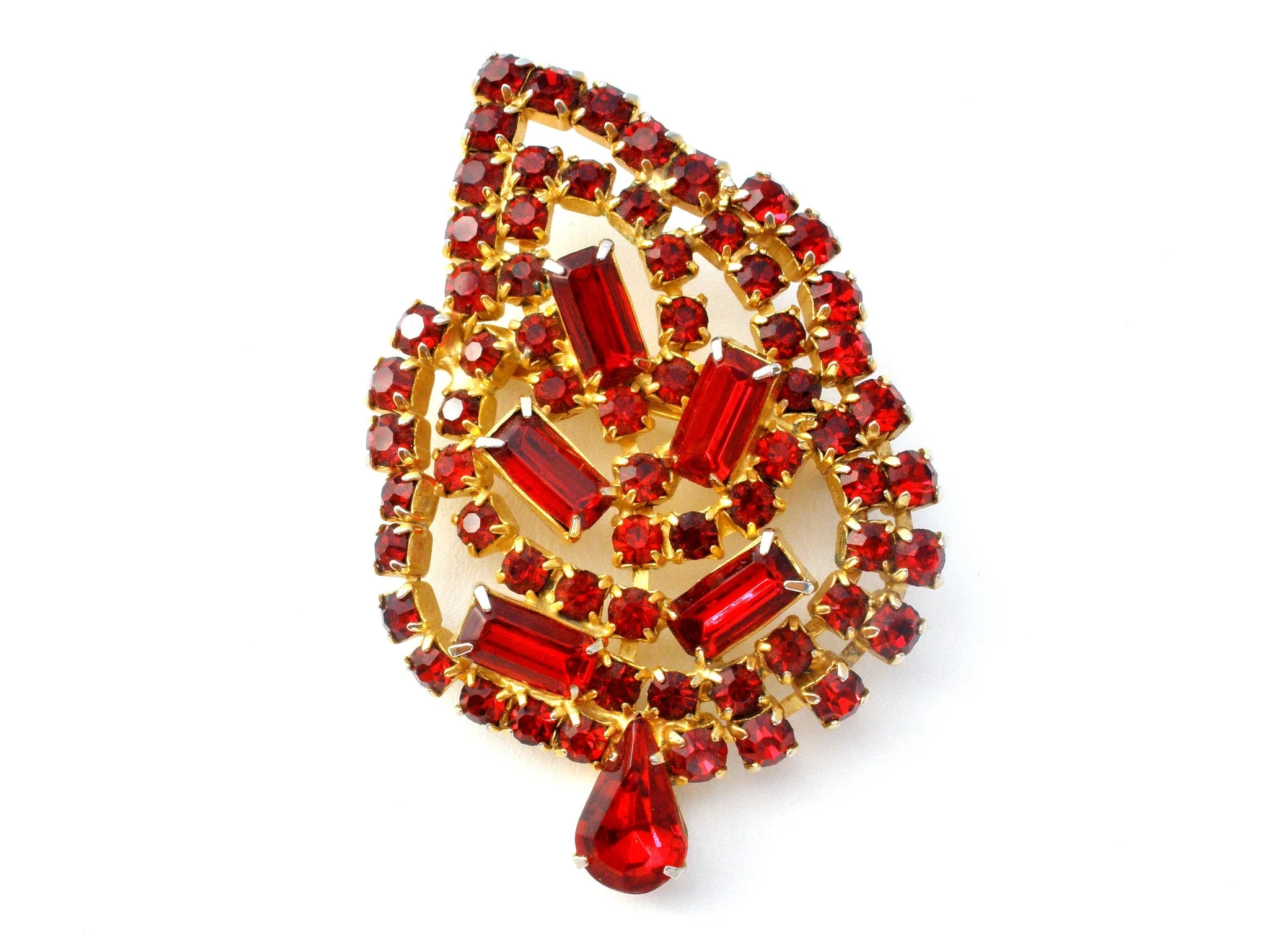 Ruby Red Rhinestone Leaf Brooch Pin Vintage