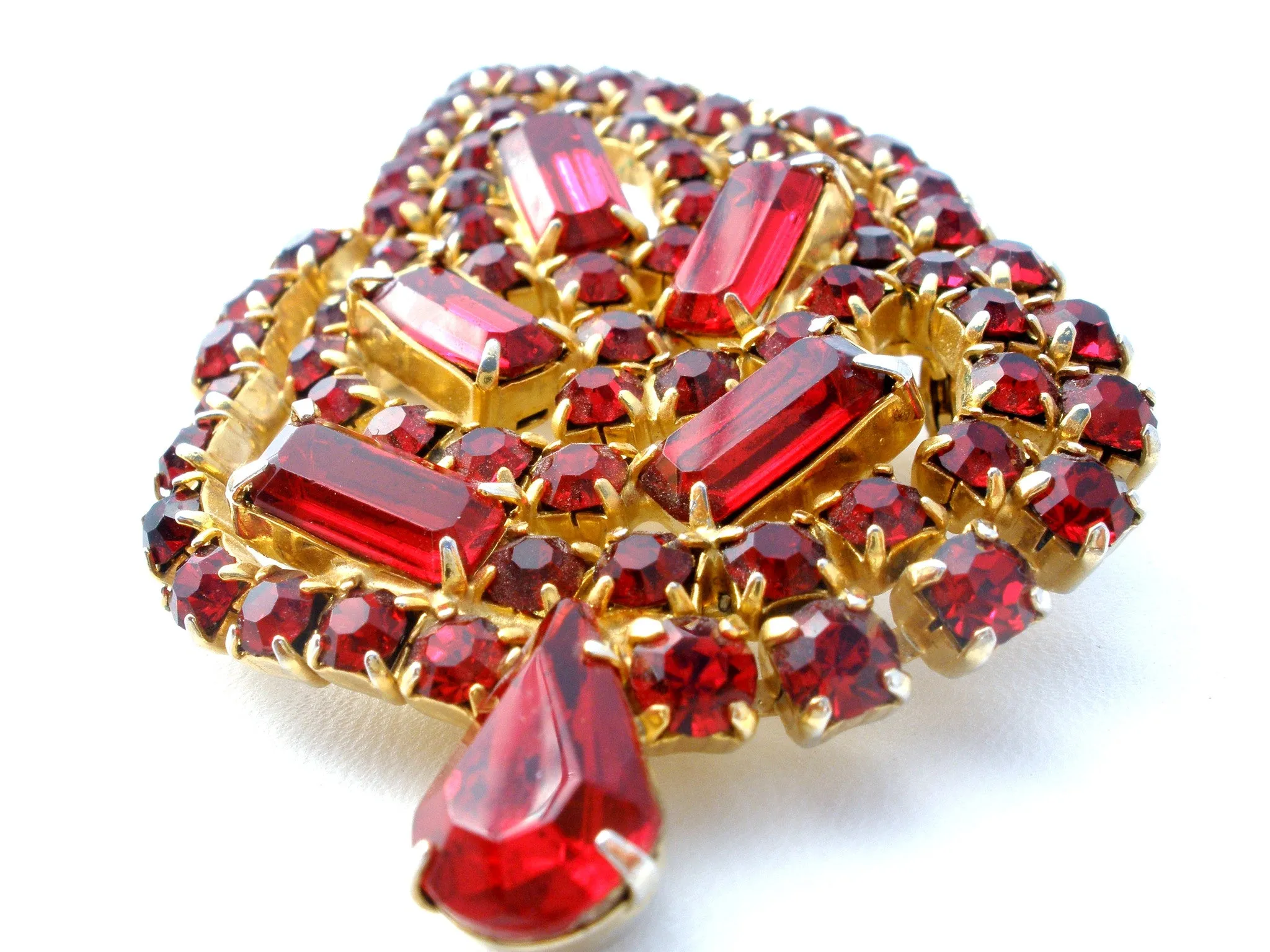 Ruby Red Rhinestone Leaf Brooch Pin Vintage