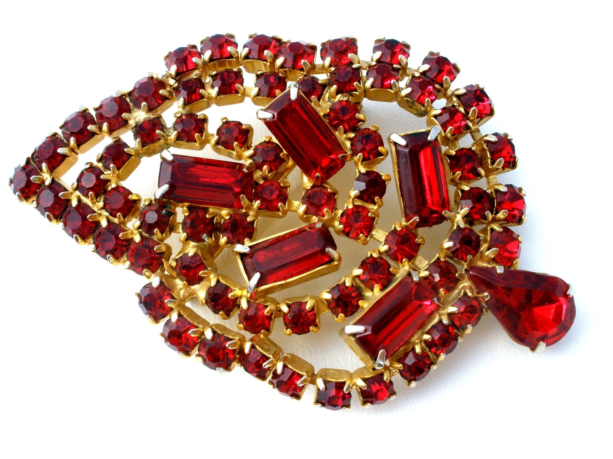 Ruby Red Rhinestone Leaf Brooch Pin Vintage