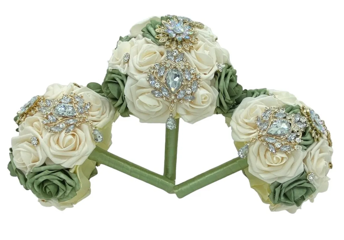 Sage Green Round Bouquet l  Real Touch Roses Bouquet~ BOU-034