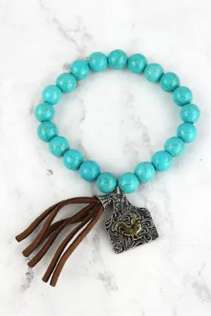 SALE! Two-Tone Rooster Tag & Tassel Charm Turquoise Beaded Bracelet