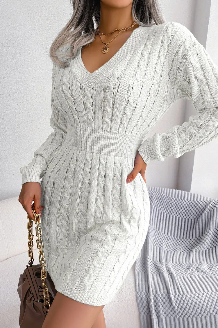 Sexy V Neck Winter Fisherman Cable Knit Sweater Mini Dress - White