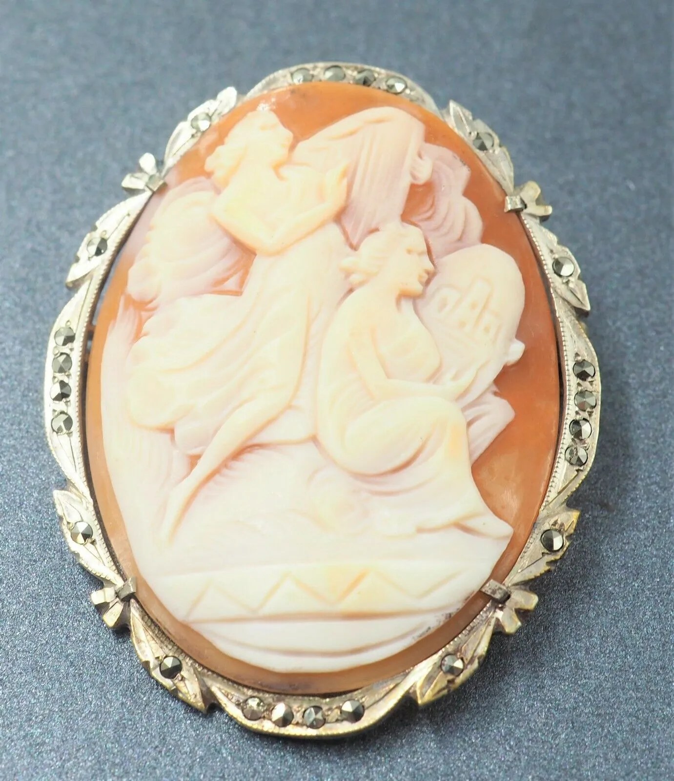 Shell Cameo & Marcasite 800 Sterling Silver Pendant/Brooch