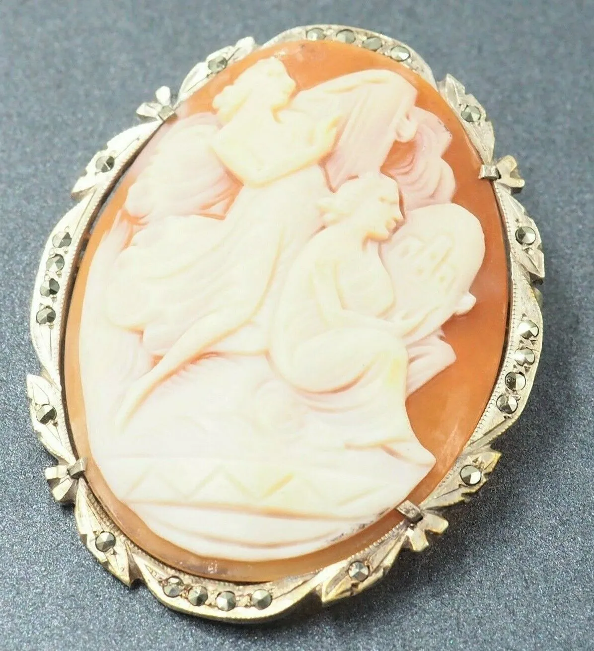 Shell Cameo & Marcasite 800 Sterling Silver Pendant/Brooch