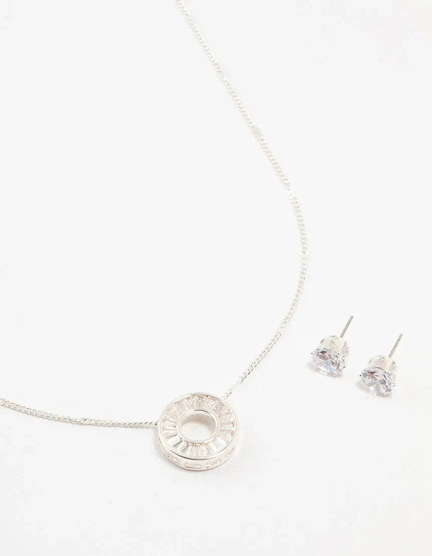 Silver Cubic Zirconia Donut Pendant Necklace & Earrings Set