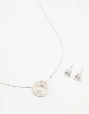 Silver Cubic Zirconia Donut Pendant Necklace & Earrings Set