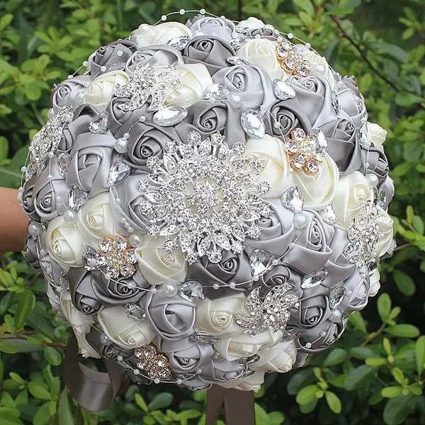 SILVER Luxury Round Bouquet l  Satin Roses Brooch Bouquet~ BOU-011