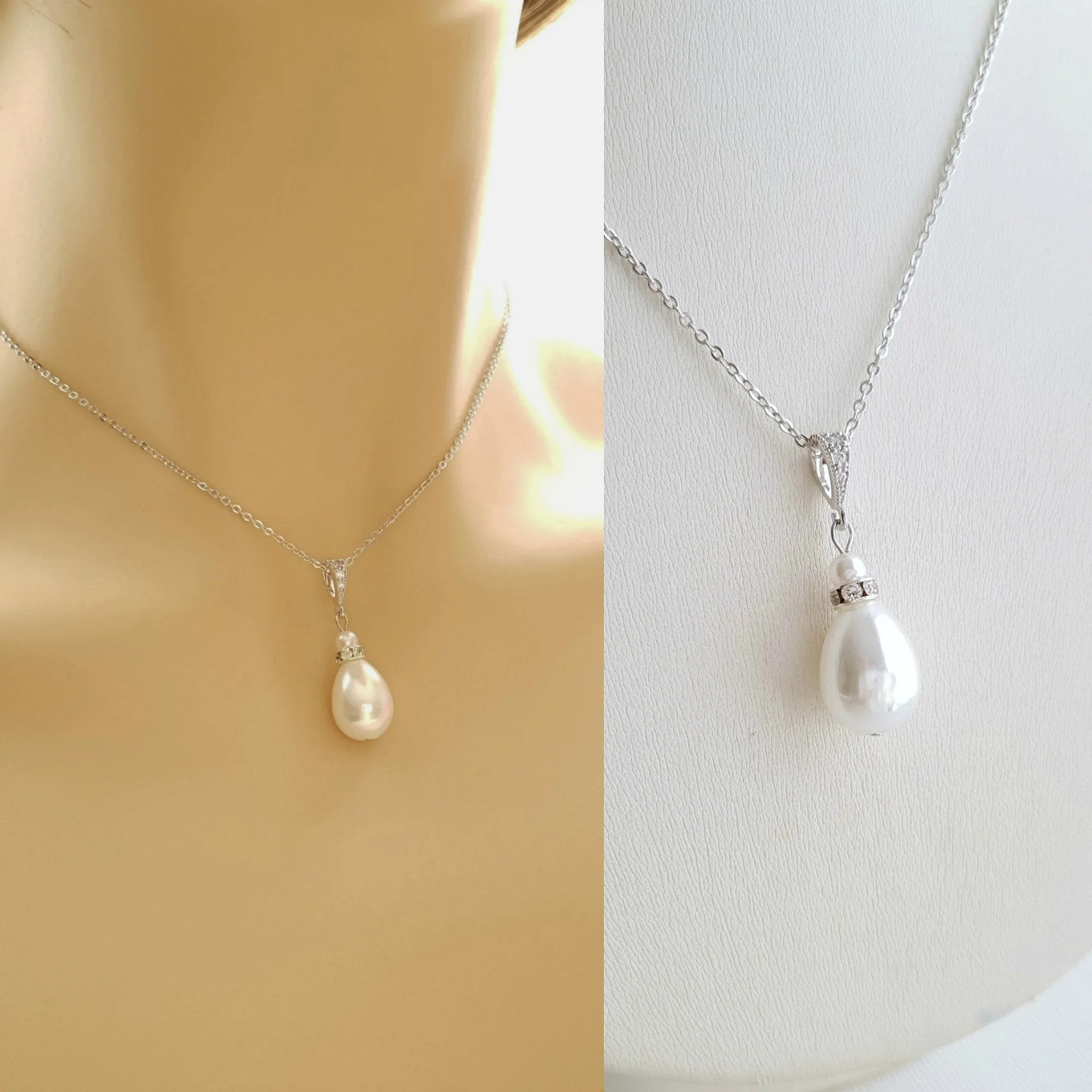 Simple Teardrop Pearl Wedding Necklace For Brides & Bridesmaids- Penelope