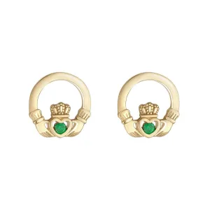 Solvar 10K. Gold & Green CZ Claddagh Post Earrings