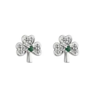 Solvar 14K. White Gold Diamond & Emerald Shamrock Stud Earrings