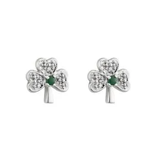 Solvar 14K. White Gold Diamond & Emerald Shamrock Stud Earrings