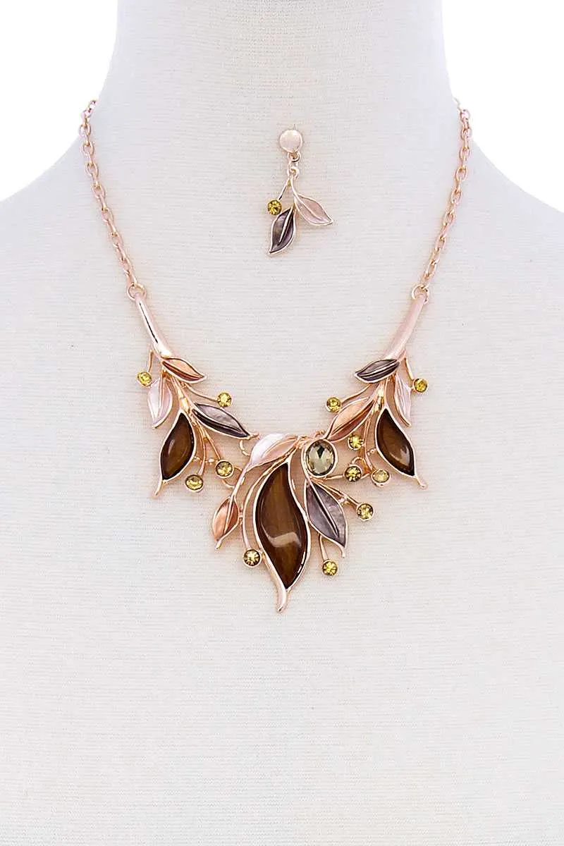 Stylish Multi Rhinestone Leaf Necklace And Earring Set