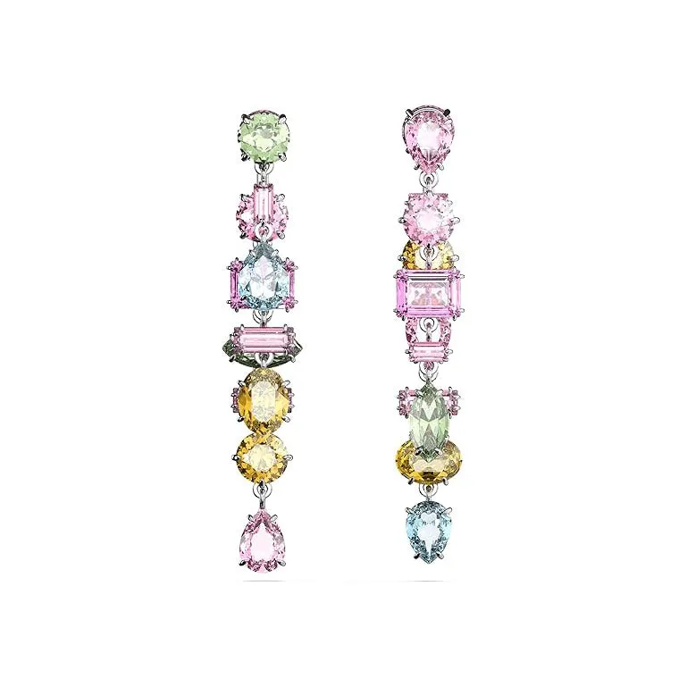 Swarovski Women's Multicolored Asymmetrical design Mixed cuts Long Rhodium Finish Gema Drop Earrings - 5656417