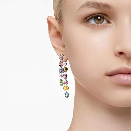 Swarovski Women's Multicolored Asymmetrical design Mixed cuts Long Rhodium Finish Gema Drop Earrings - 5656417