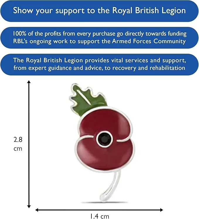 The Royal British Legion Poppy Leaf Pin With Jet Crystal Centre