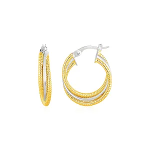 Three Part Textured Shiny Hoop Earrings in 14k Yellow White Gold