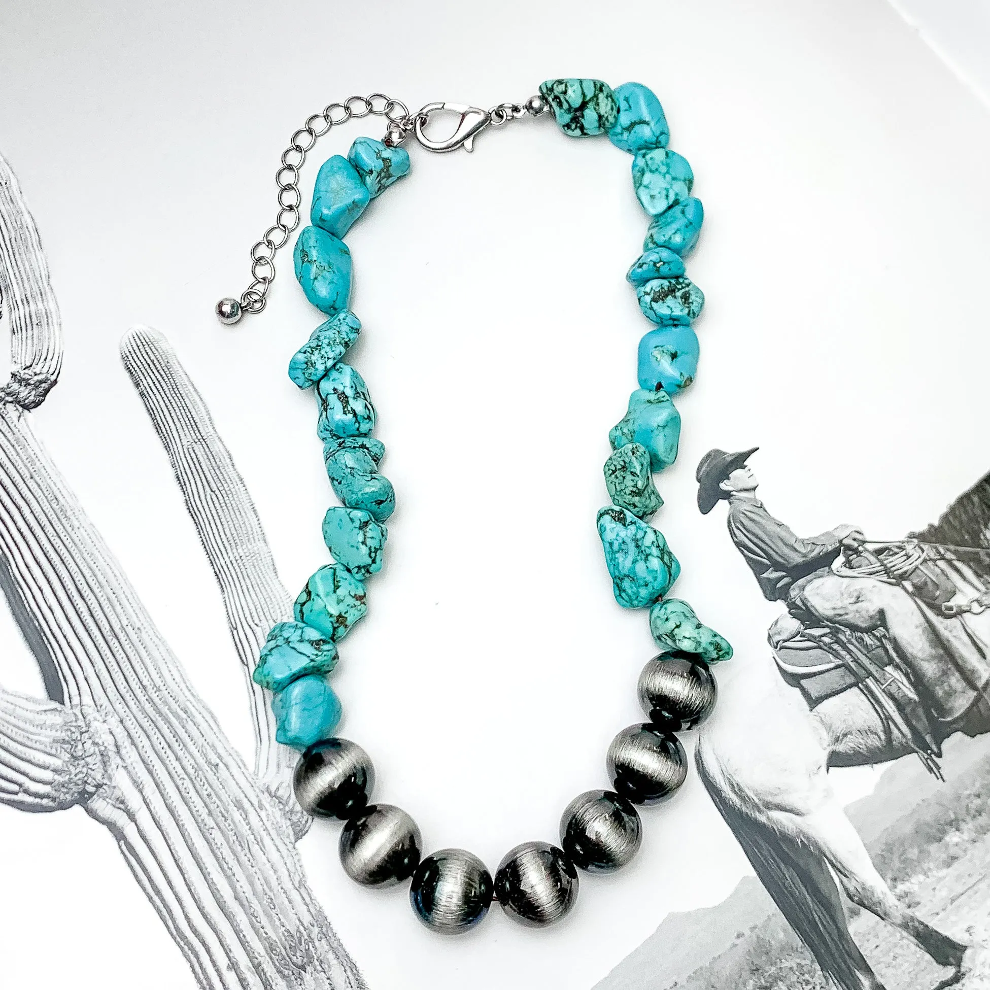 Turquoise Stone Necklace With Silver Tone Beads