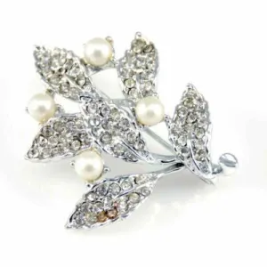 Vintage Brooch "Goldette" Chromium Leaf/ Pearl 1940S