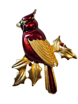 VINTAGE CARDINAL BIRD PIN BROOCH IN SCARLET & GOLD TONE