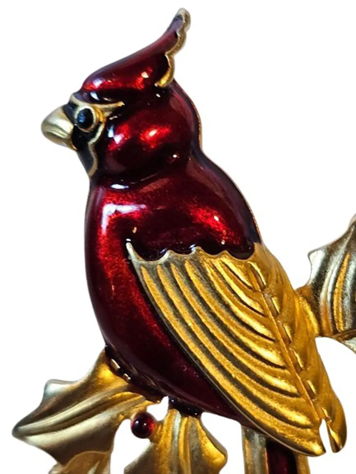 VINTAGE CARDINAL BIRD PIN BROOCH IN SCARLET & GOLD TONE