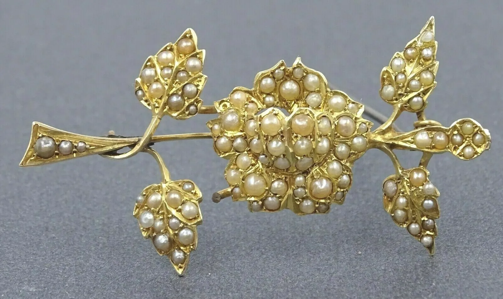 Vintage Flower & Leaf Seed Pearl 15ct Yellow Gold Brooch