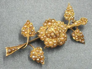 Vintage Flower & Leaf Seed Pearl 15ct Yellow Gold Brooch