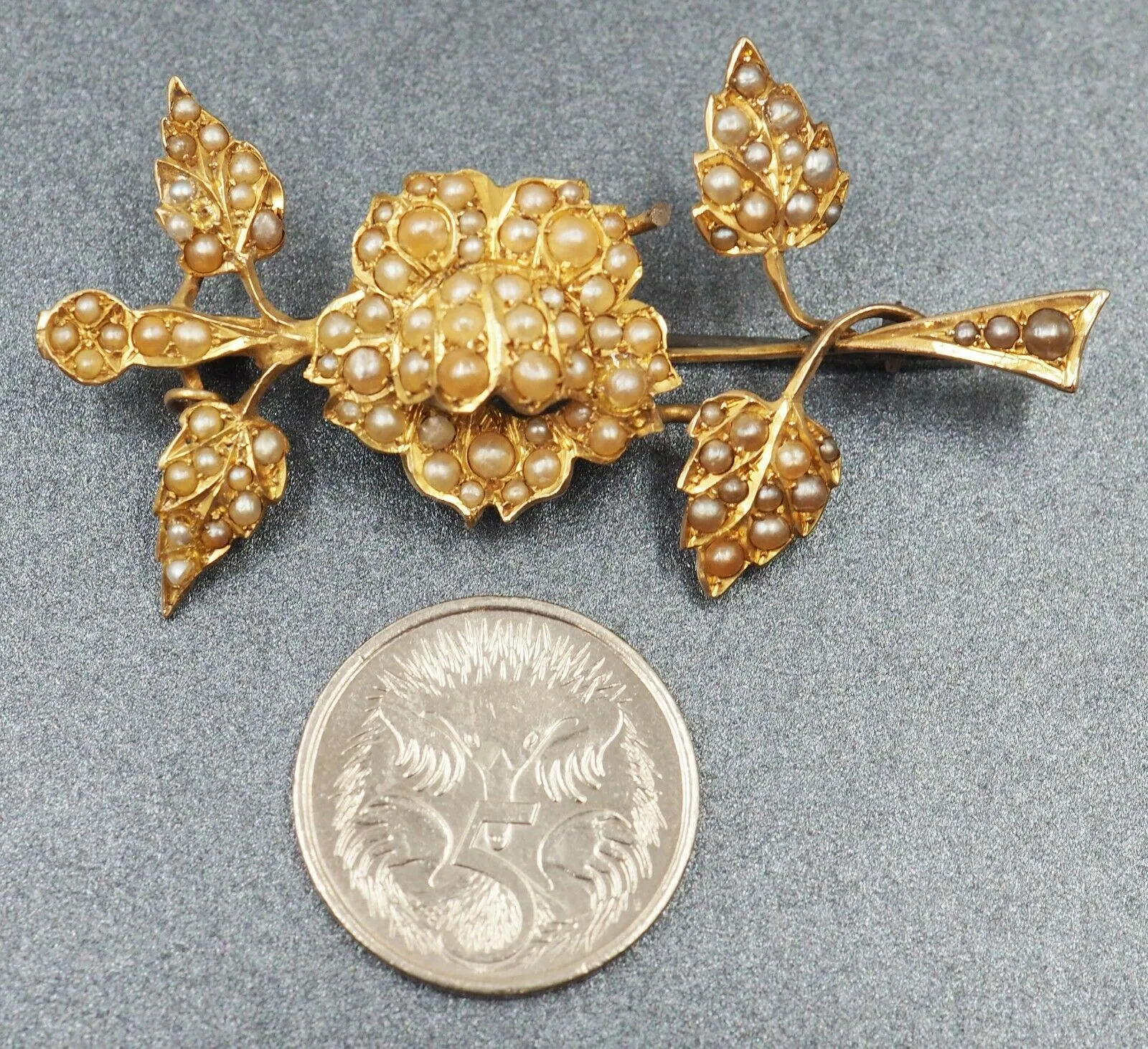 Vintage Flower & Leaf Seed Pearl 15ct Yellow Gold Brooch