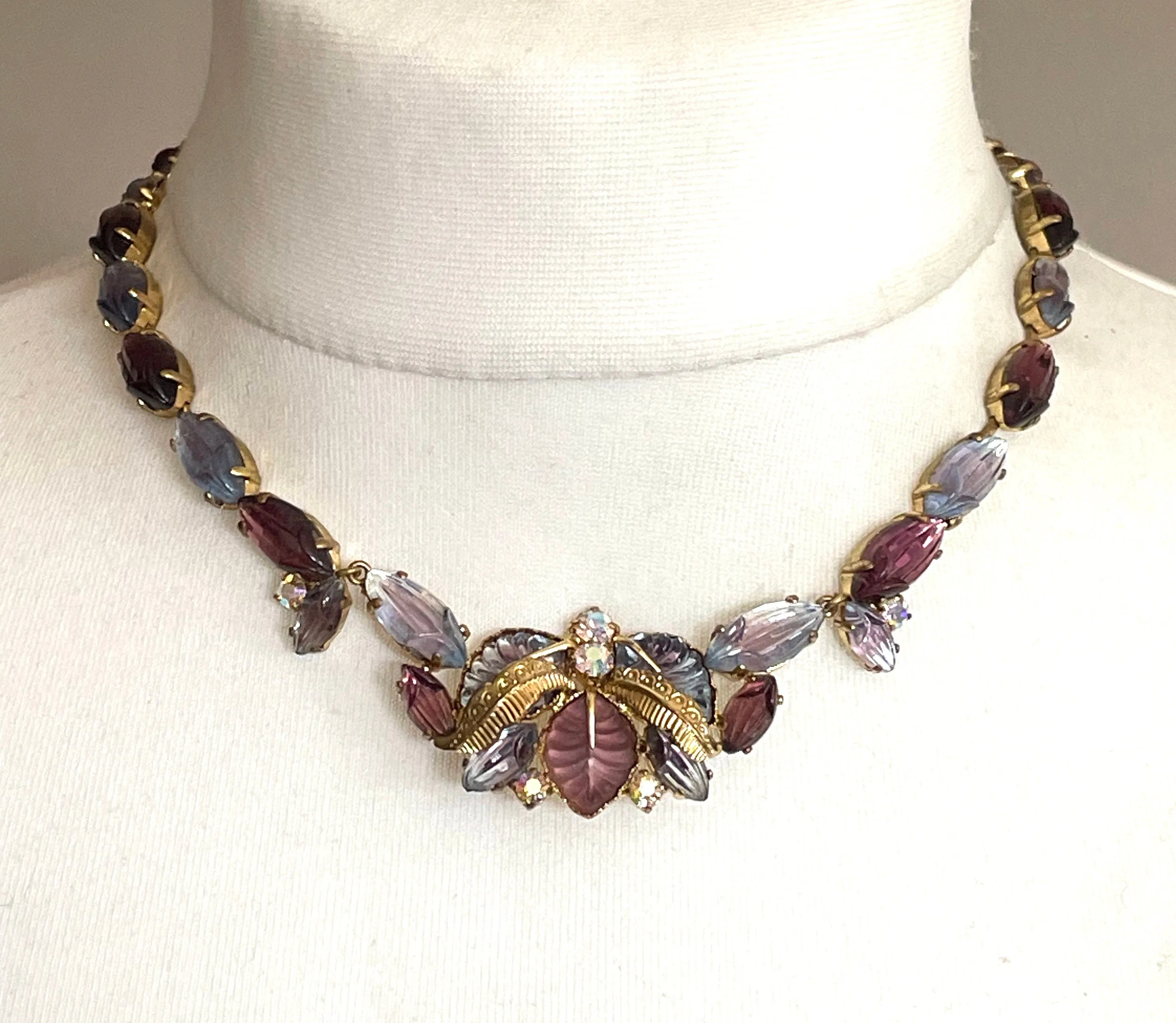 Vintage pink, purple and blue moulded / poured glass and rhinestone necklace with bi-colour stones, tutti frutti style, flower and leaf