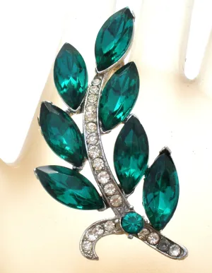 Weiss Green & Clear Rhinestone Leaf Brooch Pin