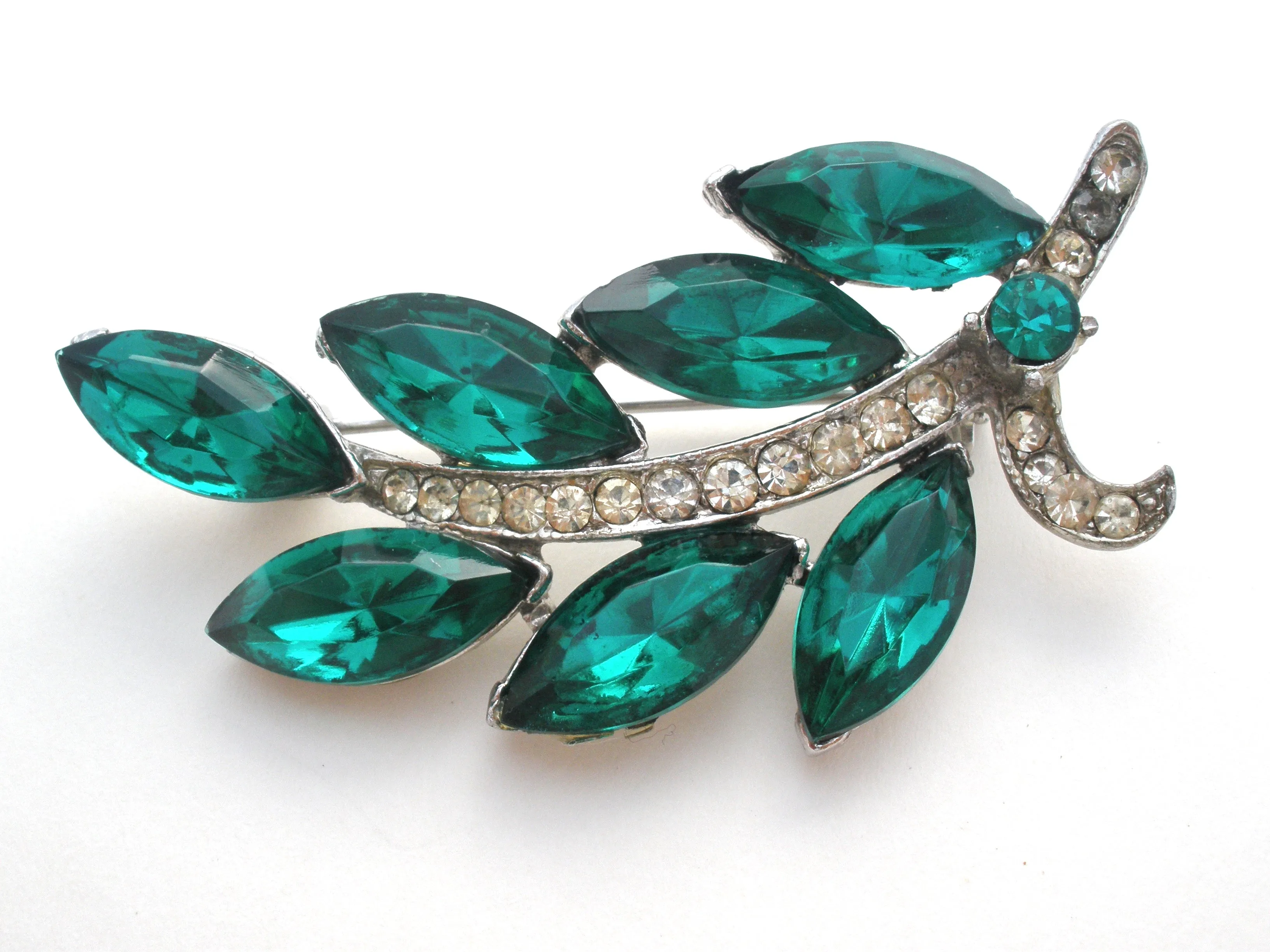 Weiss Green & Clear Rhinestone Leaf Brooch Pin