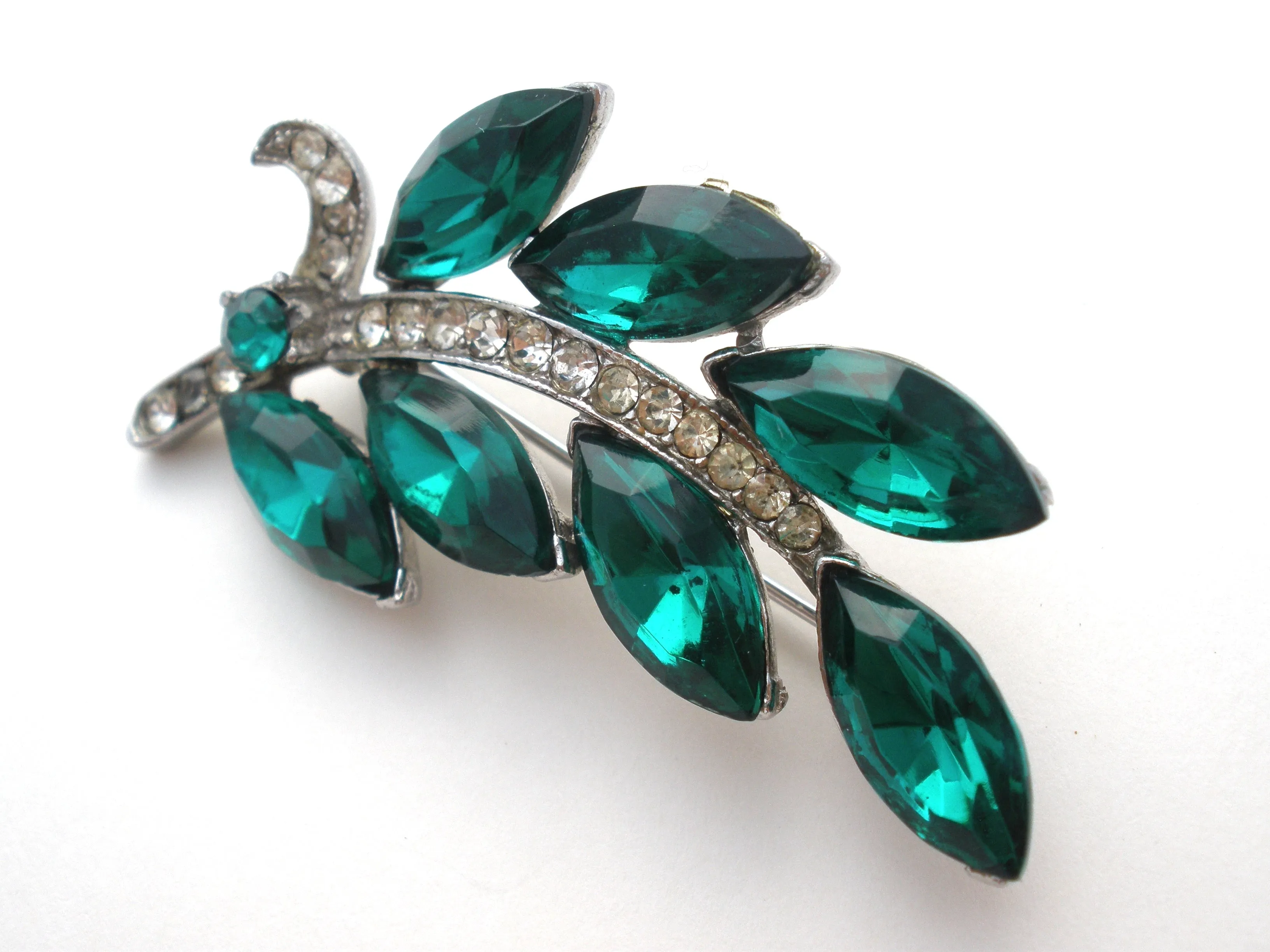 Weiss Green & Clear Rhinestone Leaf Brooch Pin