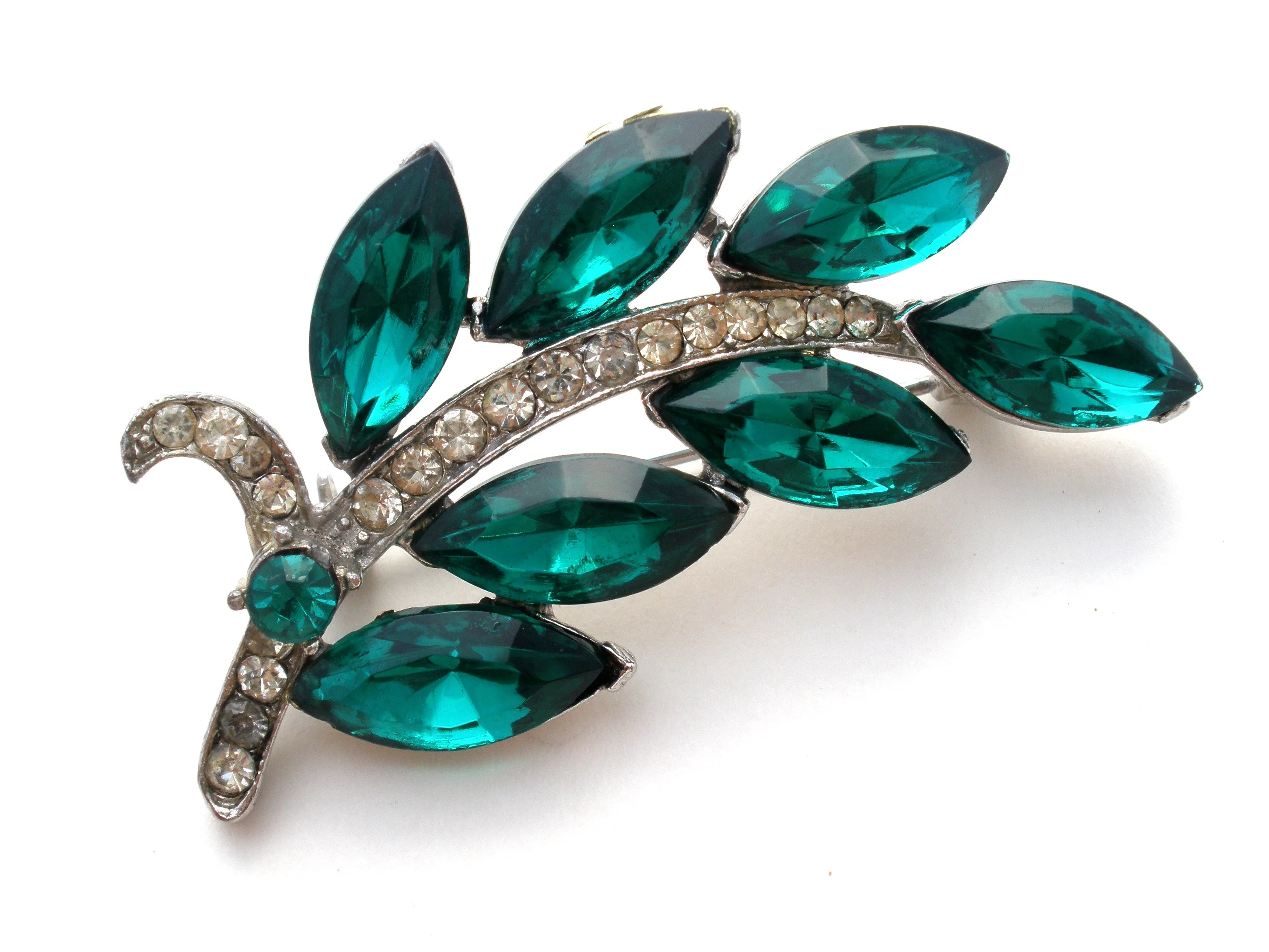 Weiss Green & Clear Rhinestone Leaf Brooch Pin